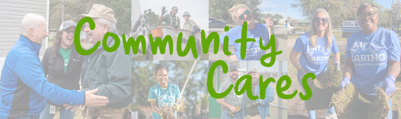 Employees smiling in the background with the words Community Cares on top 