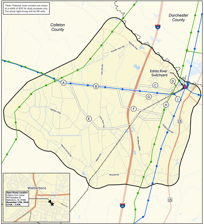 Map of Fold Varnville-Indian Field 230kV Line into Edisto River 230kV Switchyard