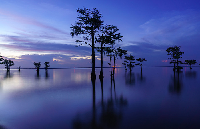 Blue lake at sundown