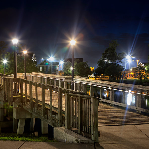 Board walk with outdoor lights