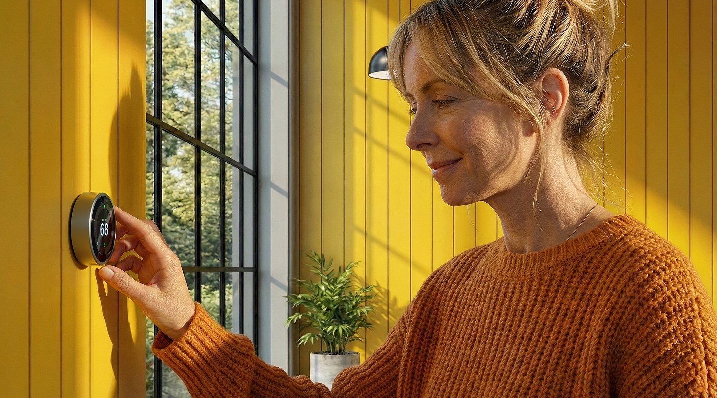 woman changing thermostat setting